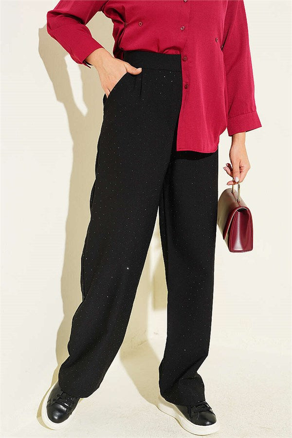 Waistband Velcro Mini Embellished Fabric Trousers Black