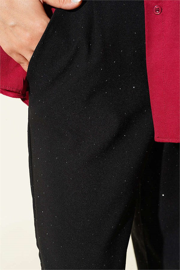 Waistband Velcro Mini Embellished Fabric Trousers Black