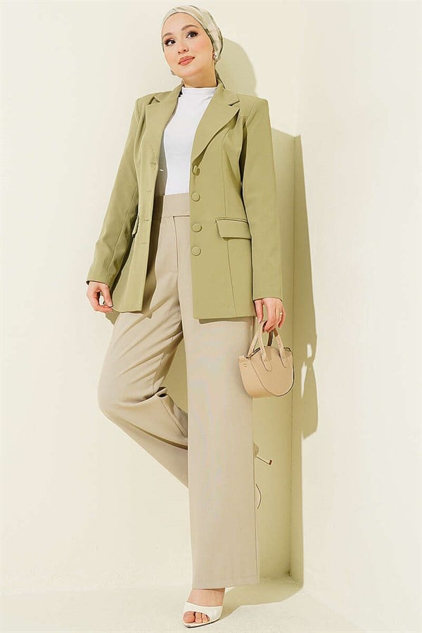 Beige Palazzo Fabric Trousers with Velcro Waistband