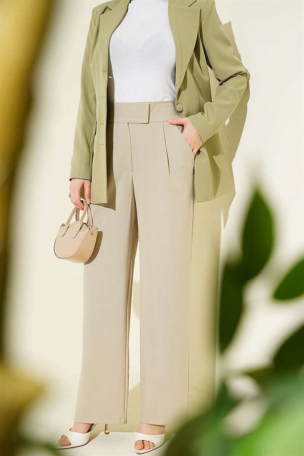 Beige Palazzo Fabric Trousers with Velcro Waistband