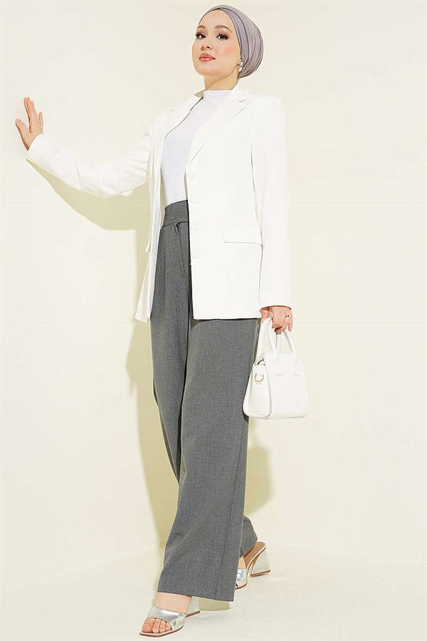 Palazzo Fabric Trousers with Velcro Waistband, Smoke Grey