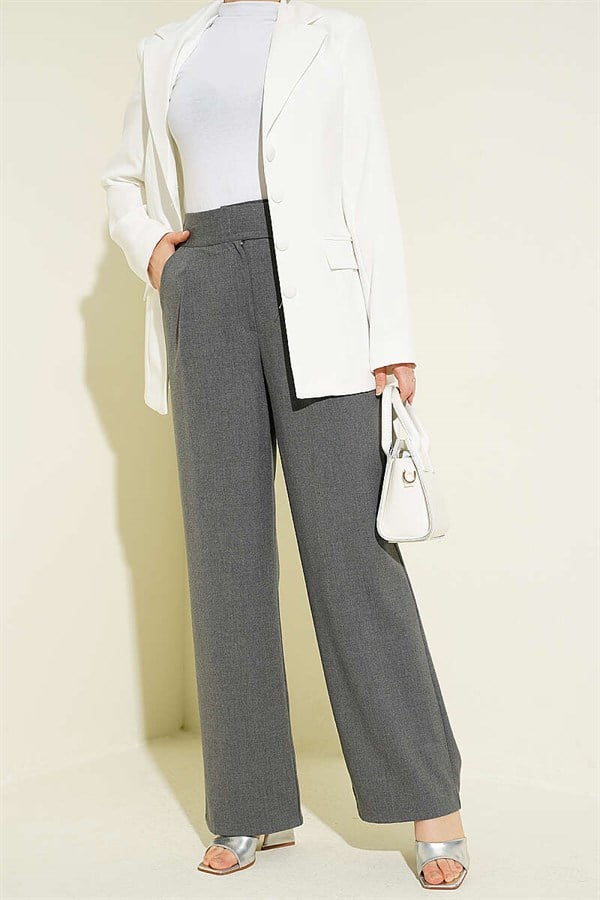 Palazzo Fabric Trousers with Velcro Waistband, Smoke Grey