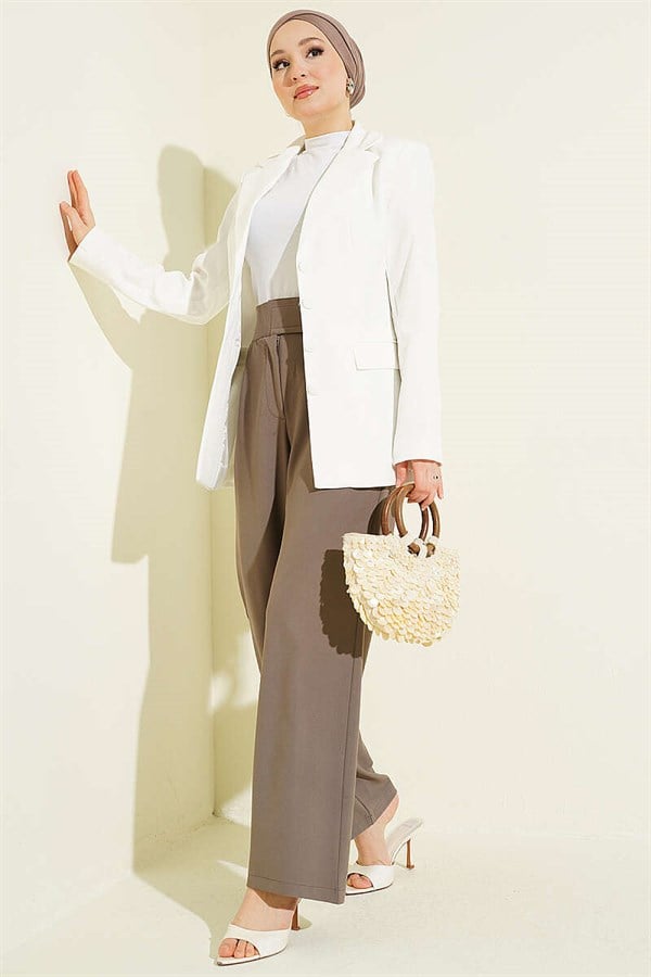 Palazzo Fabric Trousers with Velcro Waistband, Mink Color