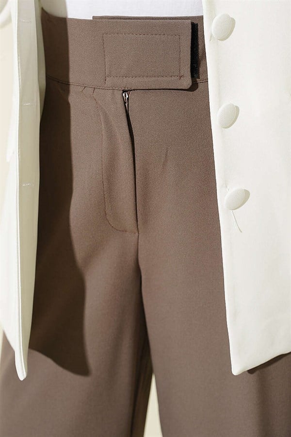 Palazzo Fabric Trousers with Velcro Waistband, Mink Color