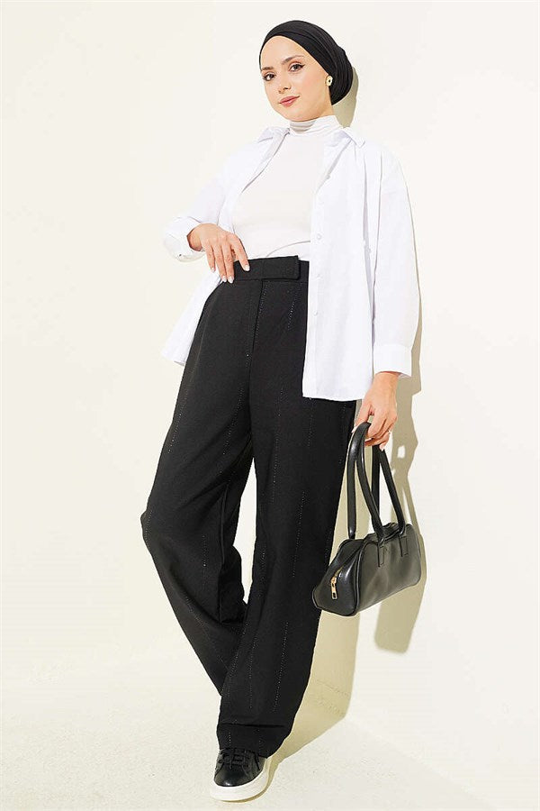 Black Fabric Trousers with Velcro Waistband and Rhinestone Embellishments