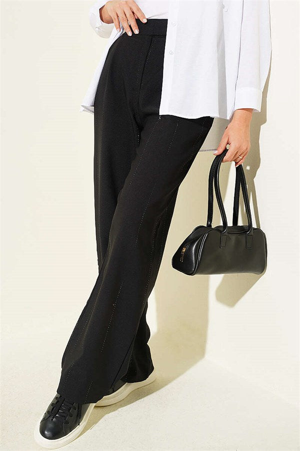 Black Fabric Trousers with Velcro Waistband and Rhinestone Embellishments