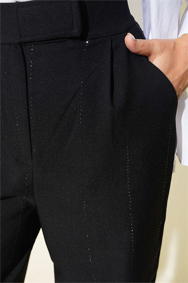 Black Fabric Trousers with Velcro Waistband and Rhinestone Embellishments