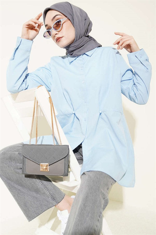 Basic Shirt with Belt Buttons, Baby Blue