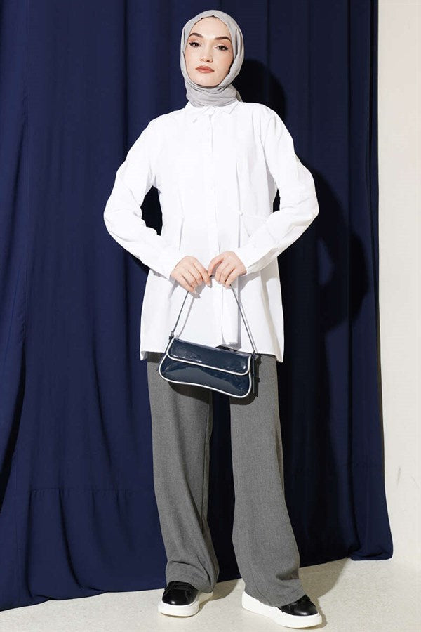 Basic Shirt with Belt Buttons, White