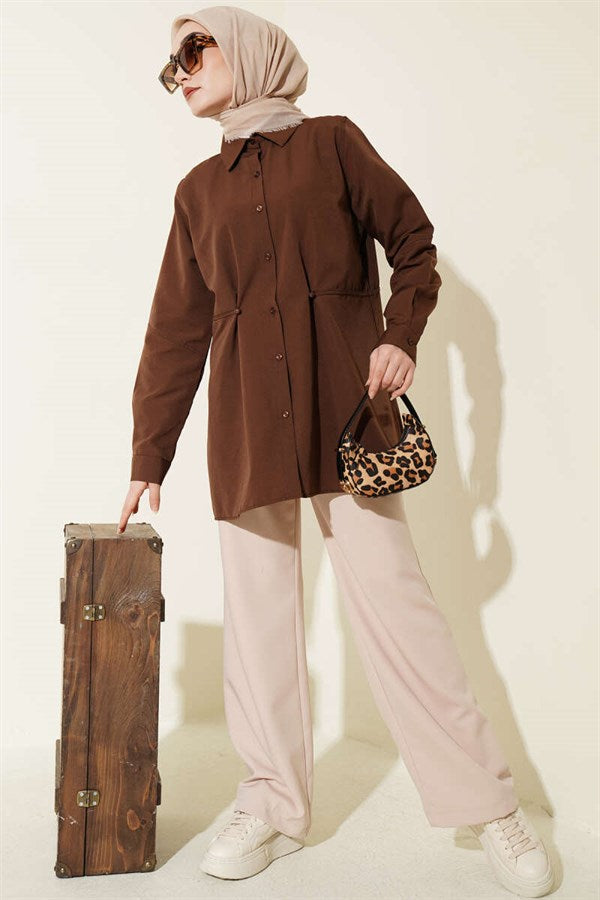 Basic Shirt with Belt Buttons, Brown
