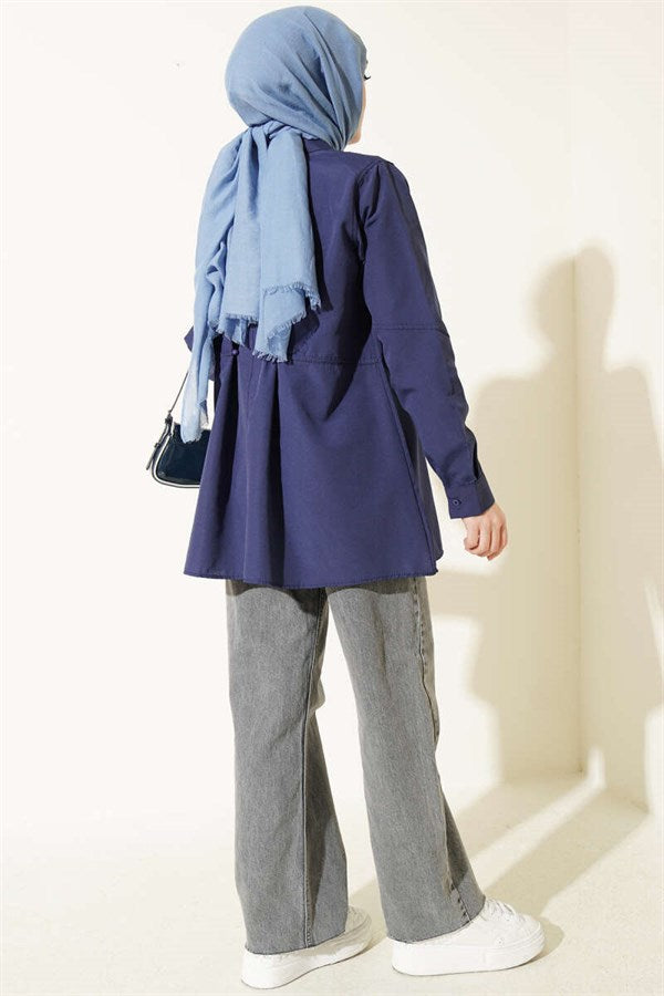 Basic Shirt with Belt Buttons, Navy Blue