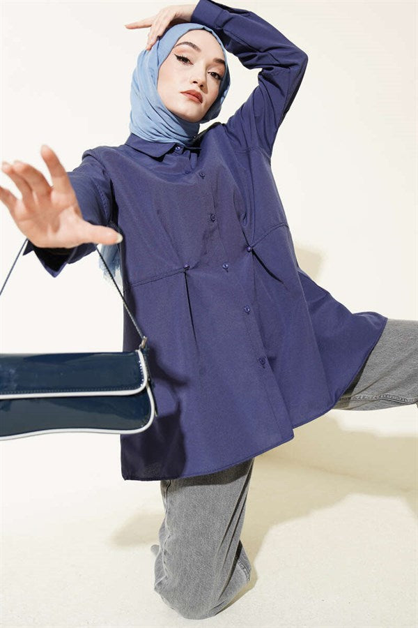 Basic Shirt with Belt Buttons, Navy Blue