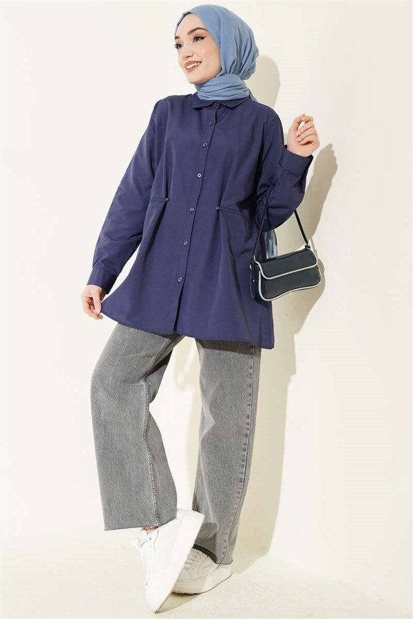 Basic Shirt with Belt Buttons, Navy Blue