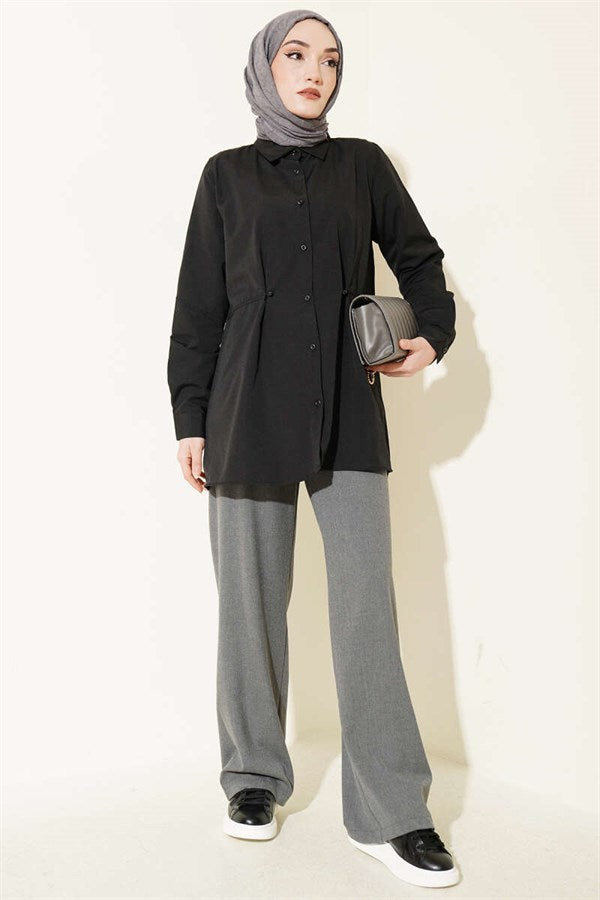 Basic Shirt with Belt Buttons, Black