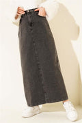 Dark Gray Denim Skirt with Buttoned Waist and Pockets