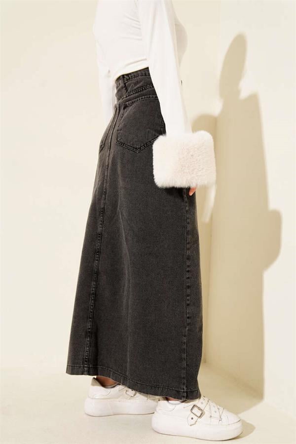 Dark Gray Denim Skirt with Buttoned Waist and Pockets