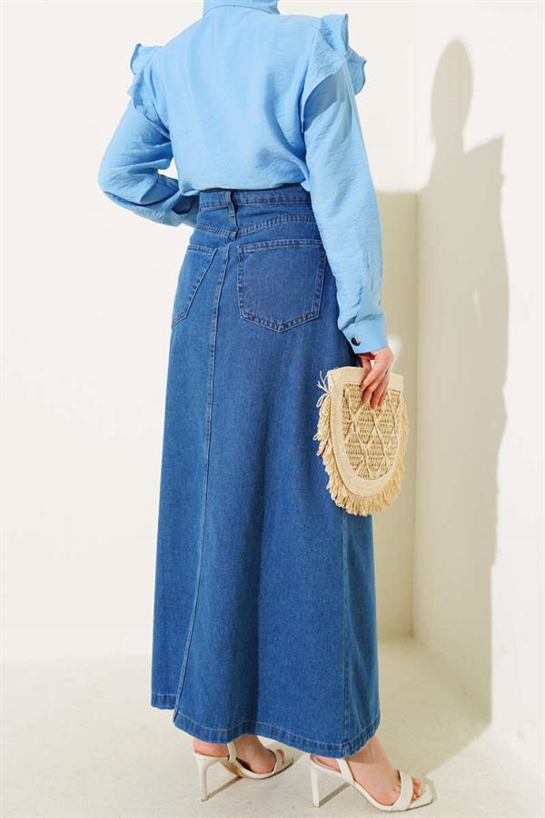 Waist Button Pocket Denim Skirt Denim Blue