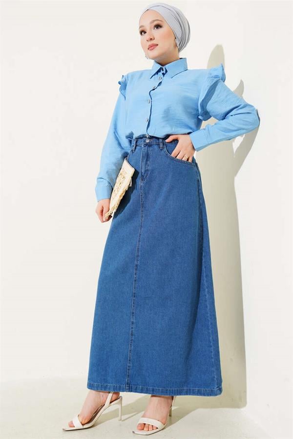 Waist Button Pocket Denim Skirt Denim Blue