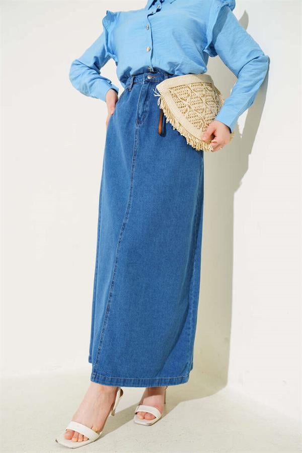Waist Button Pocket Denim Skirt Denim Blue