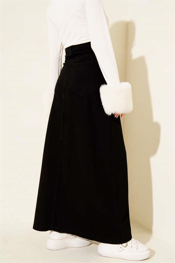Black Denim Skirt with Buttoned Waist and Pockets