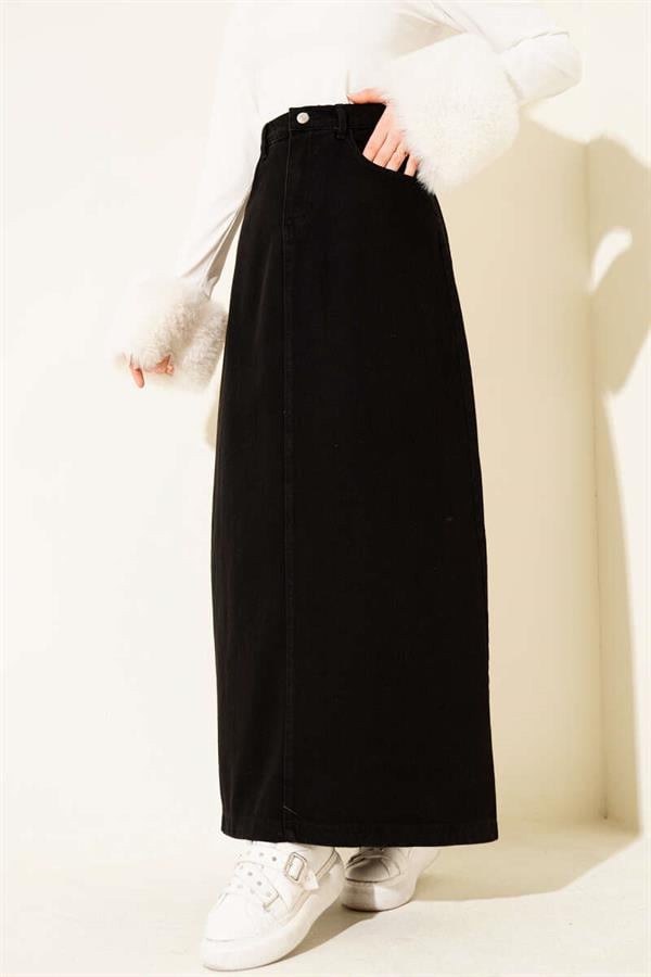 Black Denim Skirt with Buttoned Waist and Pockets
