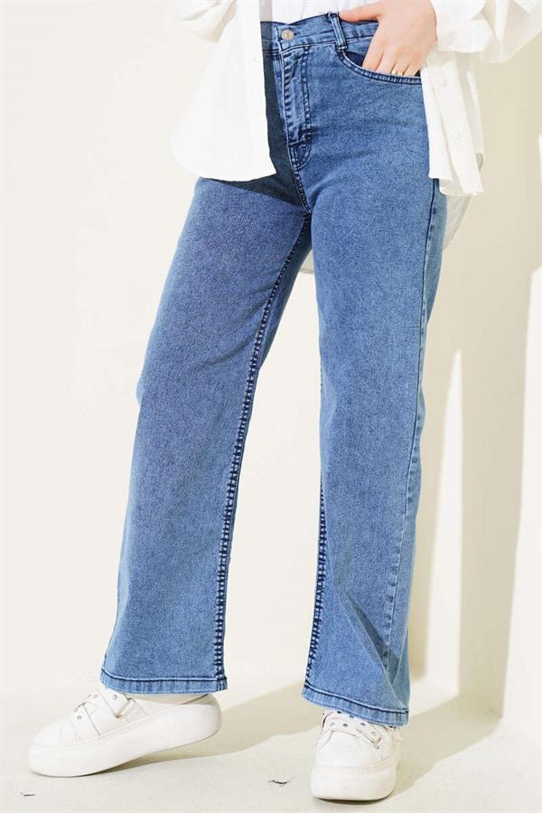 Buttoned Waist Wide Leg Jeans Denim Blue