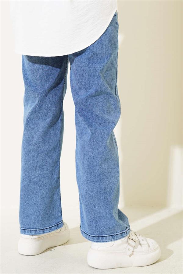 Buttoned Waist Wide Leg Jeans Denim Blue