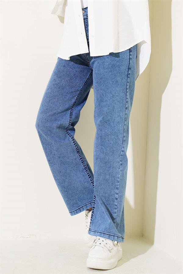 Buttoned Waist Wide Leg Jeans Denim Blue