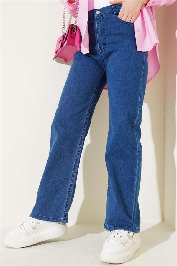 Waist Button Wide Leg Denim Trousers Jeans
