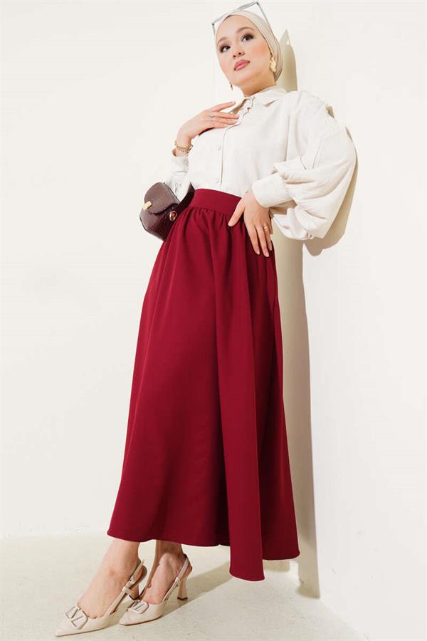 Waist Zippered Pocket Flared Skirt Claret Red