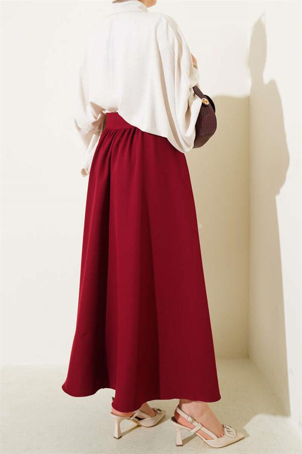 Waist Zippered Pocket Flared Skirt Claret Red
