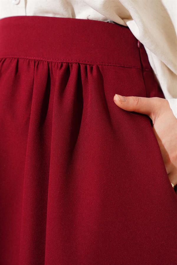 Waist Zippered Pocket Flared Skirt Claret Red