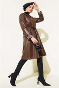 Waist Zippered Hooded Leather Trench Coat Brown
