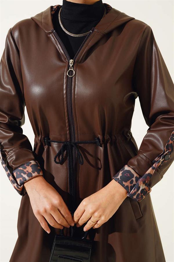 Waist Zippered Hooded Leather Trench Coat Brown