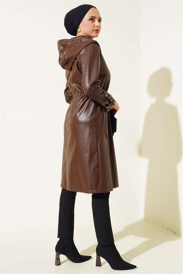 Waist Zippered Hooded Leather Trench Coat Brown