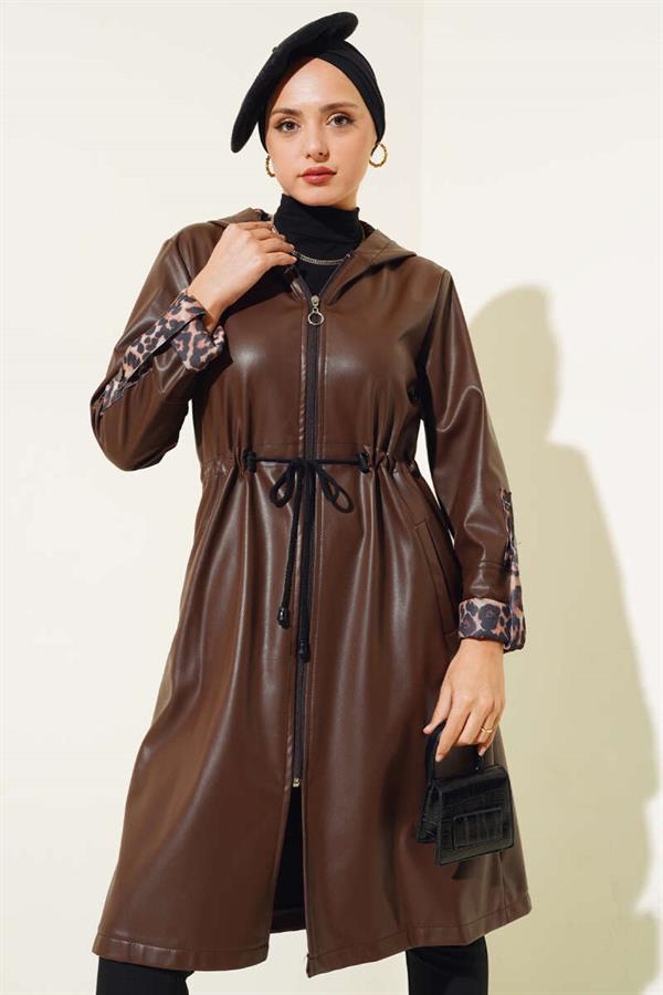 Waist Zippered Hooded Leather Trench Coat Brown