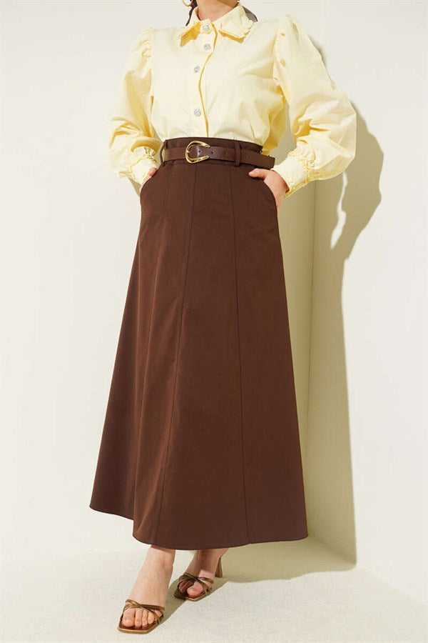 Waist-Zip Belted Stitched Skirt, Brown