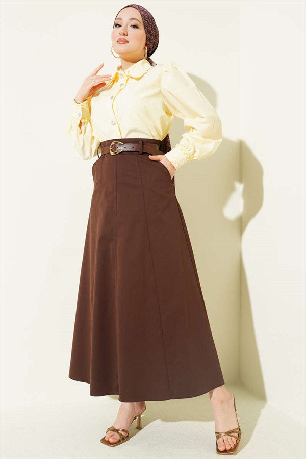 Waist-Zip Belted Stitched Skirt, Brown