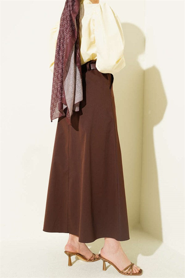 Waist-Zip Belted Stitched Skirt, Brown