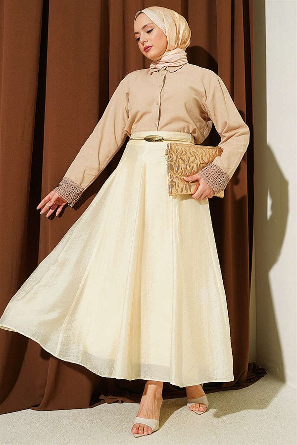 Yellow Flared Tulle Skirt with Waist Zipper