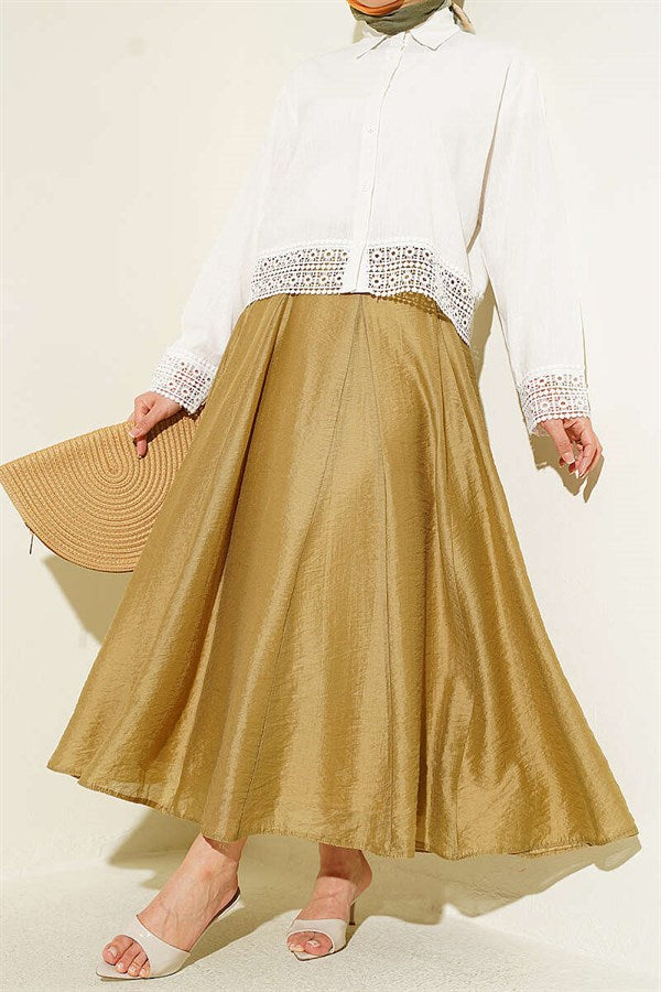 Waist-Zip Flared Tulle Skirt, Olive Green