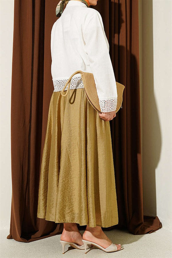 Waist-Zip Flared Tulle Skirt, Olive Green