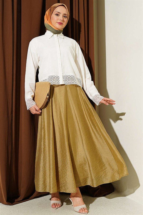 Waist-Zip Flared Tulle Skirt, Olive Green