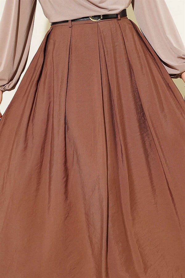 Pleated Flared Skirt with Waist Zipper, Brown
