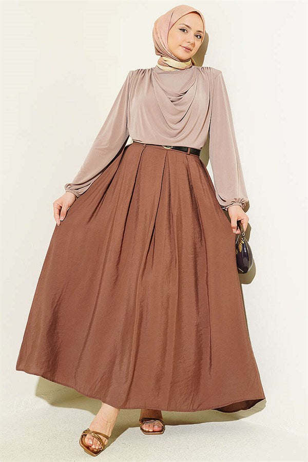 Pleated Flared Skirt with Waist Zipper, Brown