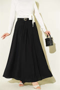 Black Pleated Flared Skirt with Waist Zipper