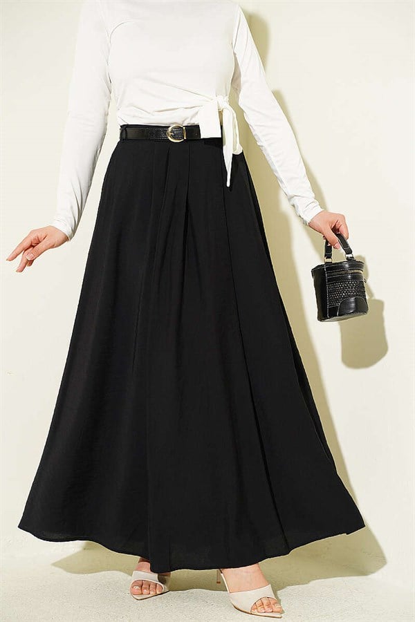 Black Pleated Flared Skirt with Waist Zipper