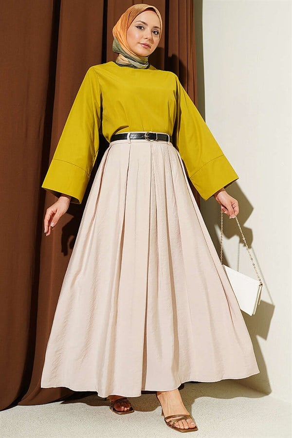 Pleated Flared Skirt with Waist Zipper - Stone