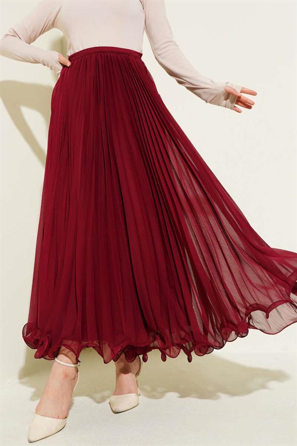 Waist Zippered Chiffon Pleated Skirt Burgundy