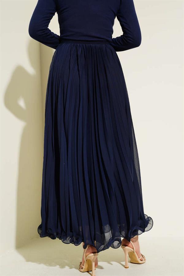 Waist Zippered Chiffon Pleated Skirt Navy Blue